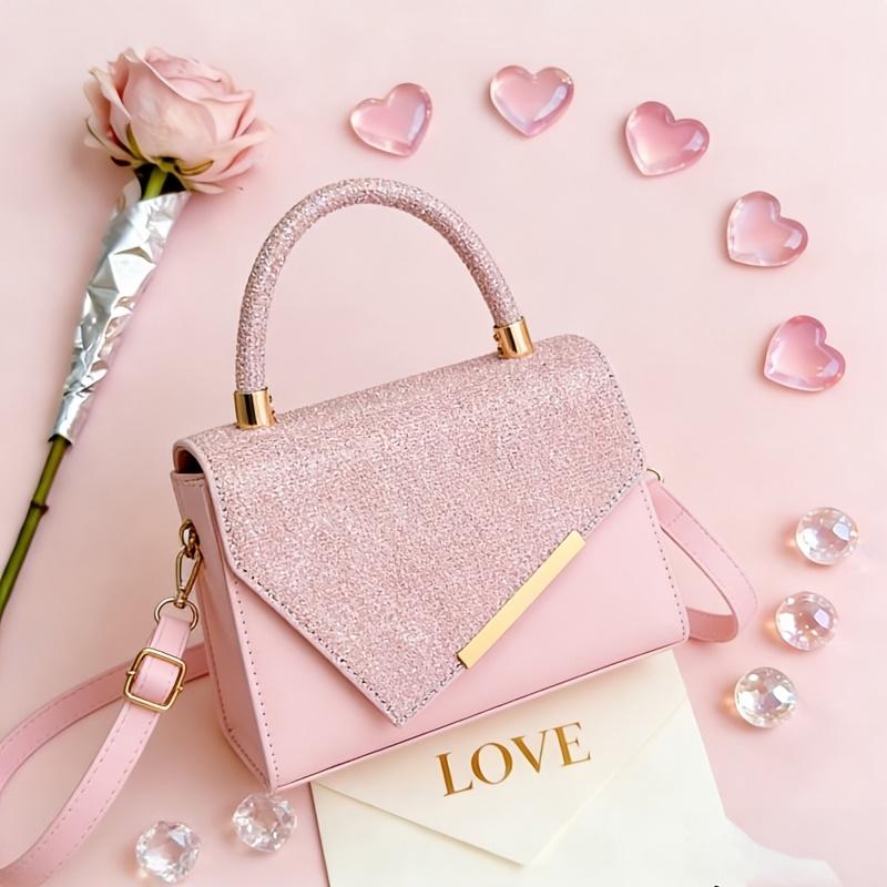 Women's Elegant Glitter Handbag, Flap Crossbody Satchel Purse with Gold Accent Detachable Strap for Party Wedding Shoulder Bags