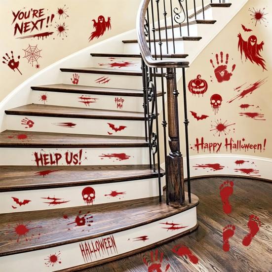 Atmospheric Haunted House Accents Halloween Horror Stickers, with Spooky Handprints Footprints Printed, Creepy Text Decals Self-adhesive Decals,