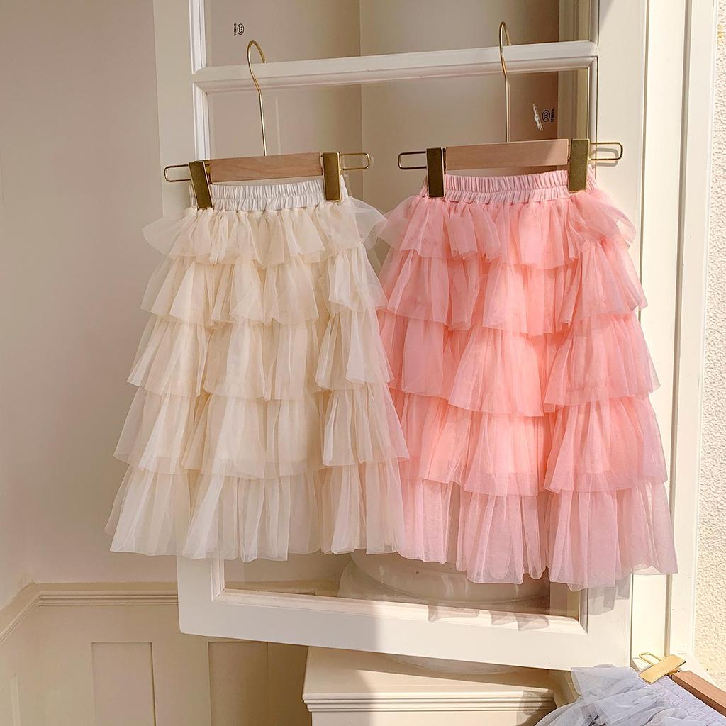 2025 Spring/Summer Korean Layered Cake Mesh Skirt for Girls – Sweet and Fashionable Princess Dress
