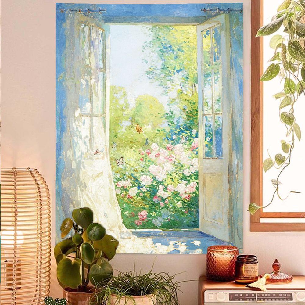 Wildflower Meadow & Open Window Tapestry, Retro Impressionist Oil Painting Wall Hanging for Bedroom Living Room Home Decor 100X70CM