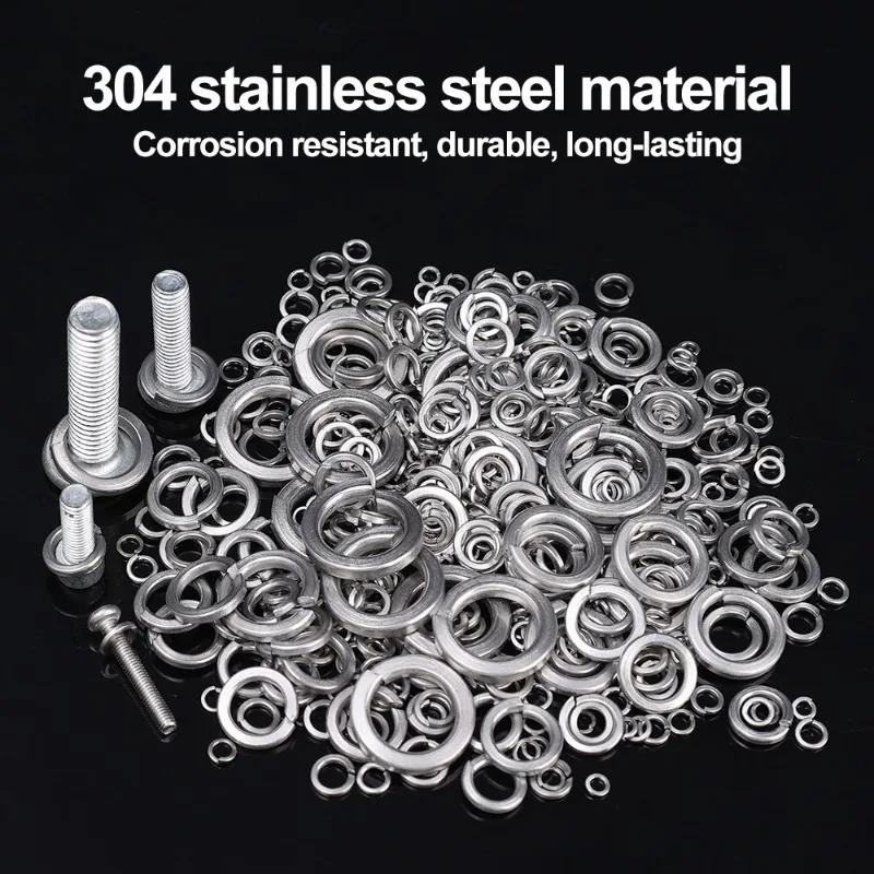 Stainless Steel Spring Lock Washers Metal O Rings Flat Gaskets Set Fasteners Hardware Assortment Kits M2 M2.5 M3 M4 M5 M6 M8 M10
