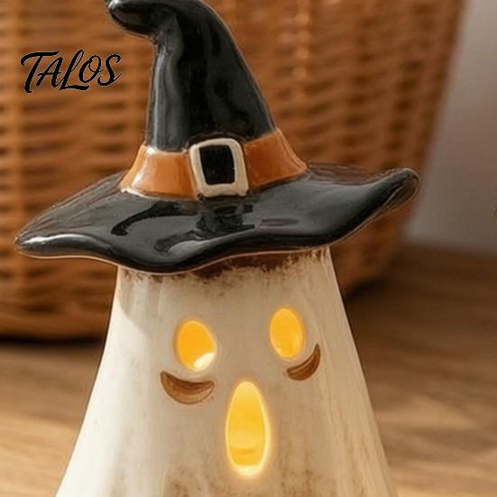 Holiday Atmospheric Night Lights Witch Hat Ghost Tealight Candle Holder, Vintage Resin Halloween Tabletop Decor Decorative for Countertops with