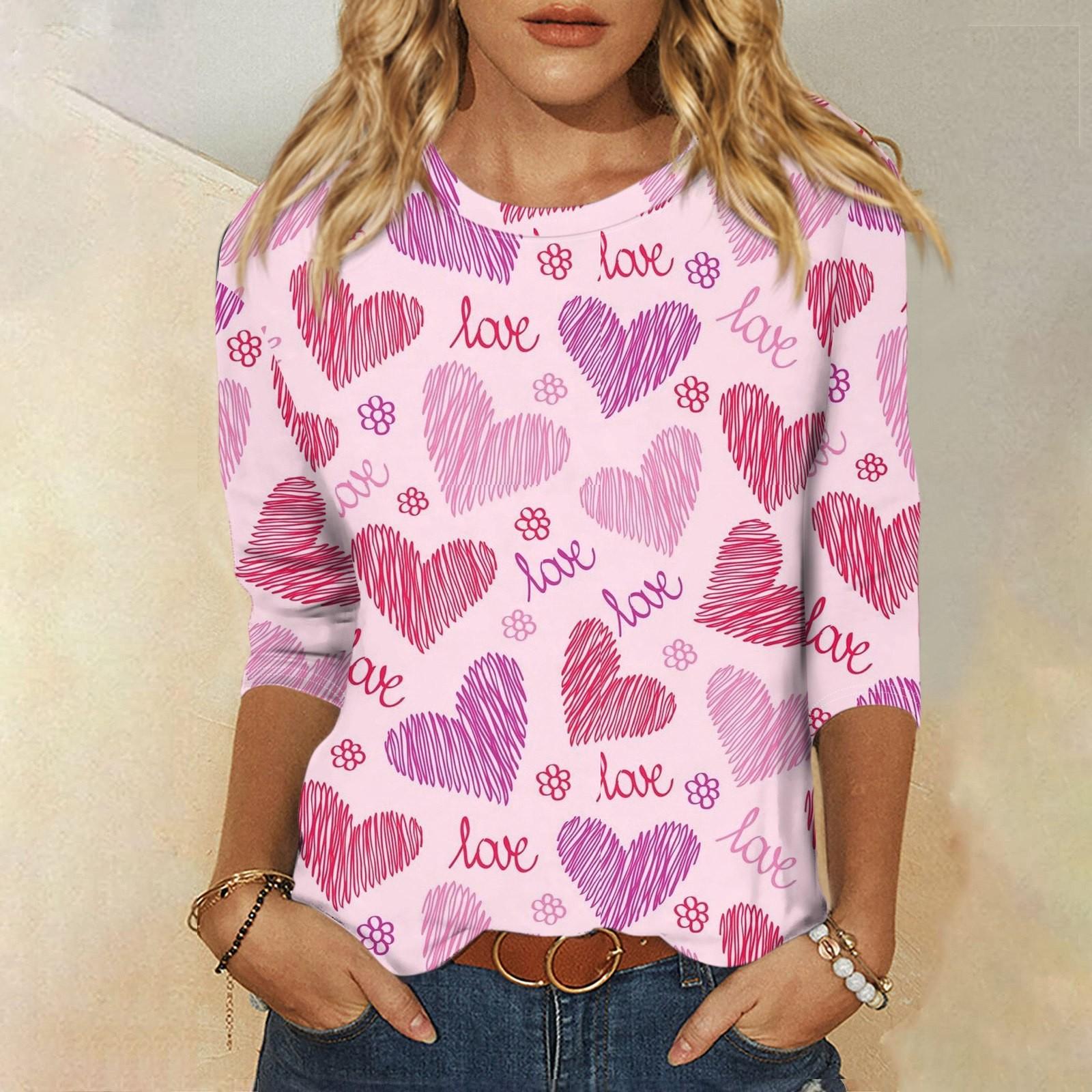 

Женская мода, повседневная свободная футболка с принтом на День святого Валентина и круглым вырезом, рукав 3/4, женский топ XL арбуз красный