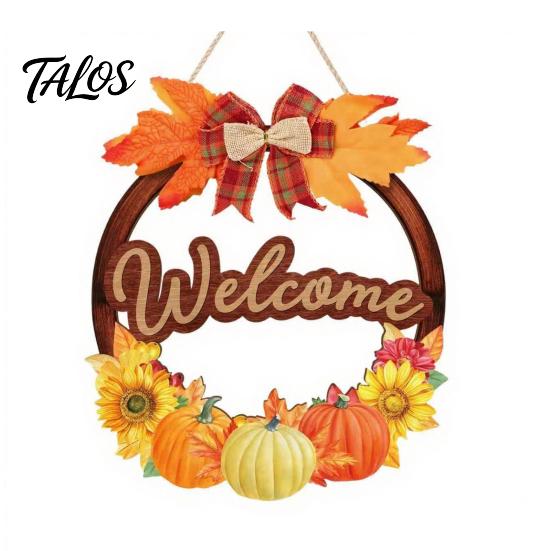 Country Style Porch Sign Autumn Harvest Wooden Wreath Pendant, Front Door Hanging Ornaments with Hemp Rope, Natural Wood Hello Plaque Pumpkins