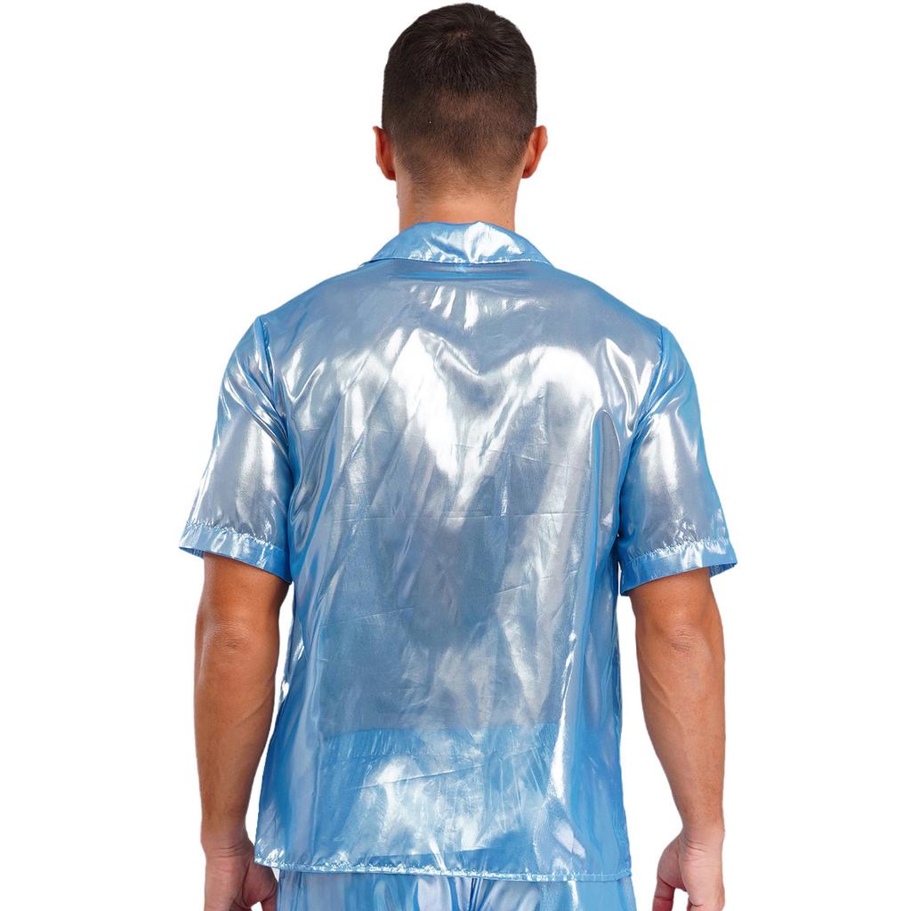 Mens See Through Shirt Turn Down Collar Short Sleeve Water Ripple Shine Beachwear Clubwear Top