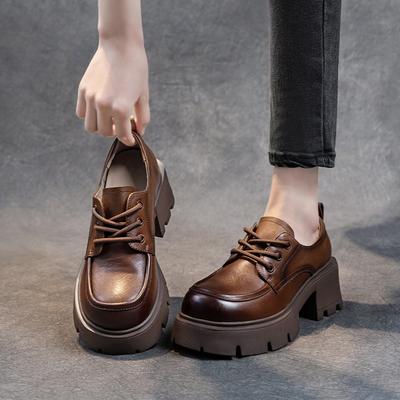 The First Layer of Cowhide Loafers Women's Spring and Autumn 2025 New Leather Muffin Thick-soled Lace-up Casual Women's Single Shoes