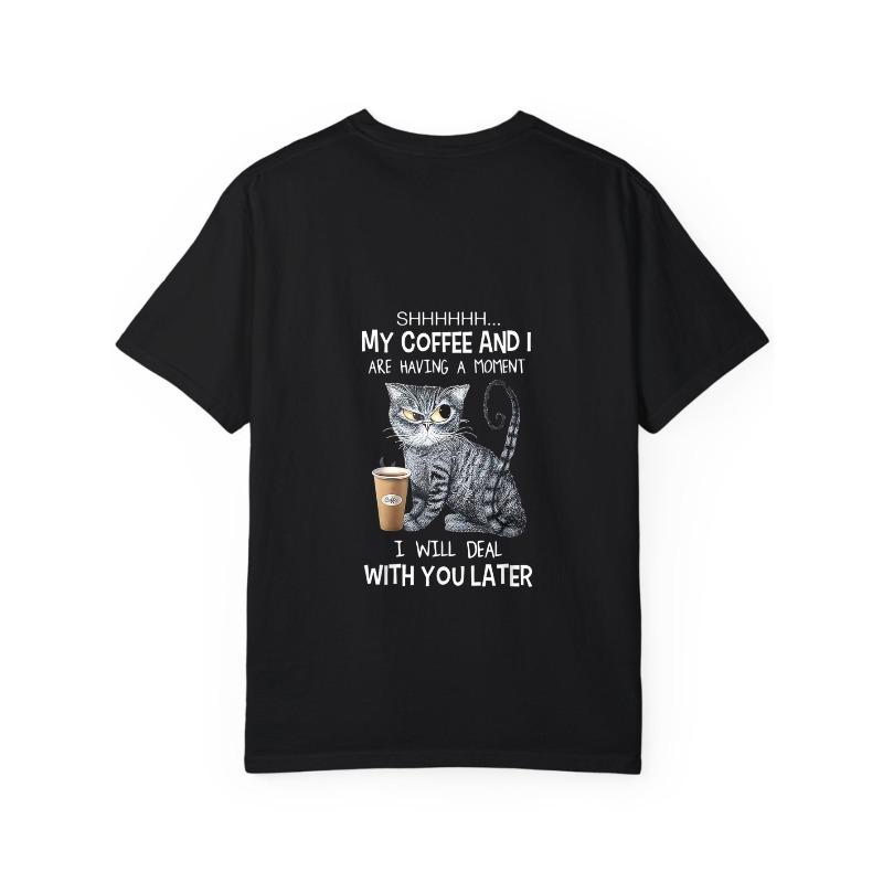 Crew Neck T Shirt White Cat with Coffee and Text Graphic Print for Casual Wear