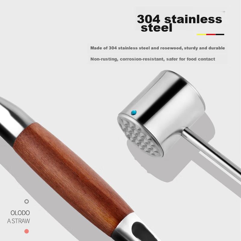 BJ 304 Stainless Steel Double-Sided Meat Tenderizer, Steak Mallet, Meat Hammer, Rosewood Meat Tenderizer, Meat Tenderizing Hammer
