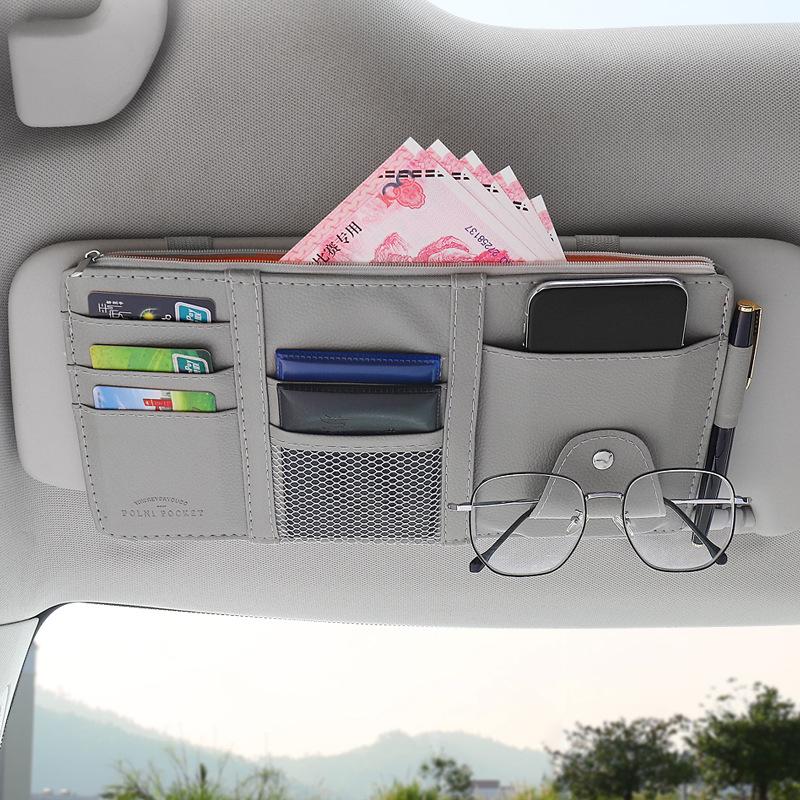 Car Sun Visor Point Pocket Organizer Holder Pu Leather Car Sun Visor Credit Card Organizer Storage Money Holder Sunglasses Clip