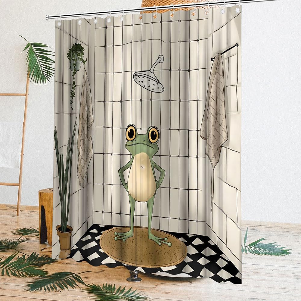 Funny Frog Shower Curtain for Bathroom Retro Cute Frog Shower Curtain Vintage Fun Animal Polyester Fabric Bath Decora Curtain