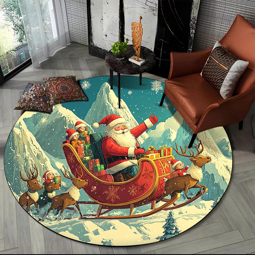 Cartoon Weihnachtsmann Frohe Weihnachten Schneemann Neujahr Runder Teppich für Schlafzimmer Wohnzimmer Sofadekoration, Dekor Bodenteppich