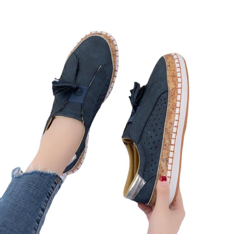 Large size casual single shoes women's flat bottom hollow carved tassel lazy shoes regular