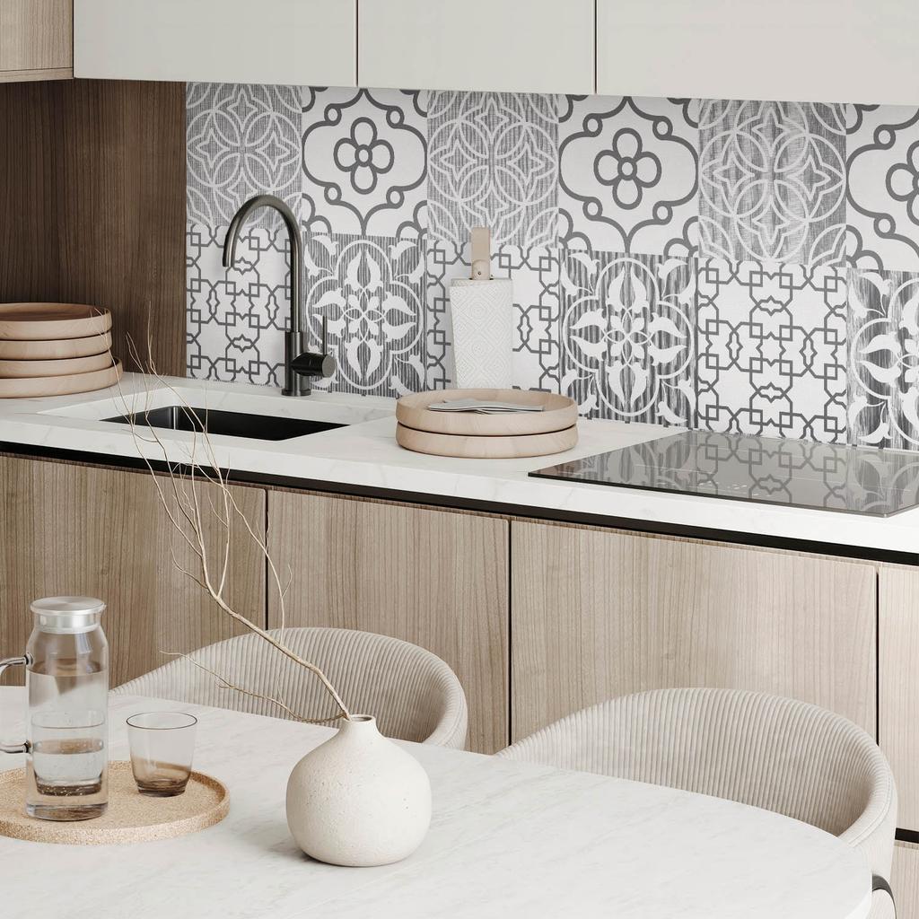 Self-Adhesive Vinyl Tiles with Printed Geometric Patterns In a 4x50x50 Cm Layout