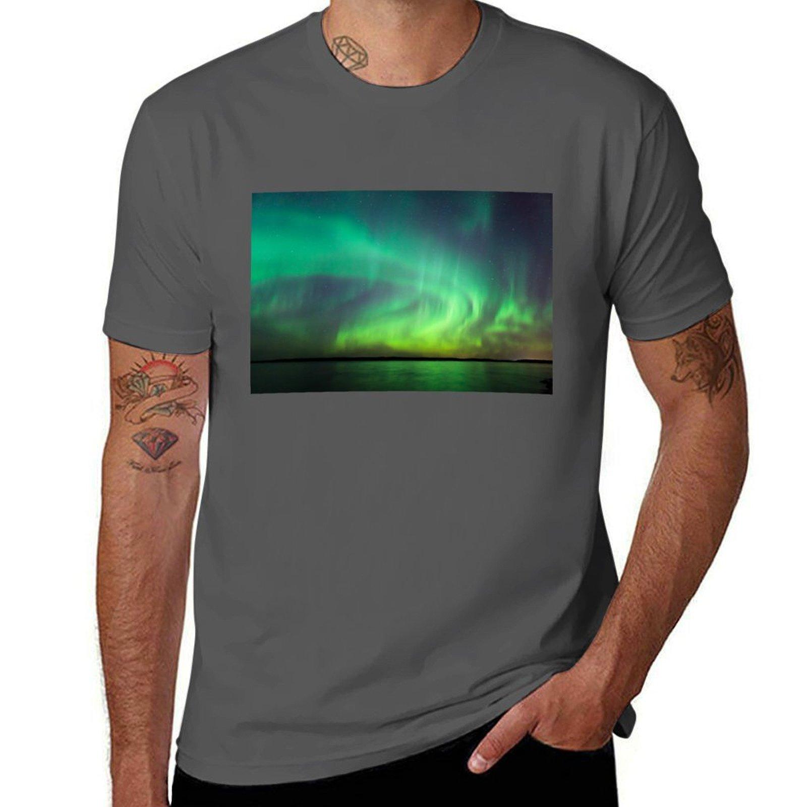 

Northern lights over lake in Finland T-Shirt t shirt man cotton t shirts for man pack white T-Shirt 4XL