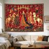 Arazzo Medievale Floreale Rosso 2D Scena di Corte con Unicorno Appeso a Parete