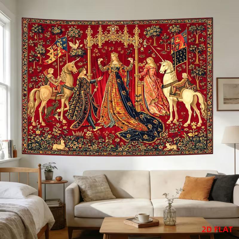Arazzo Medievale Floreale Rosso 2D Scena di Corte con Unicorno Appeso a Parete