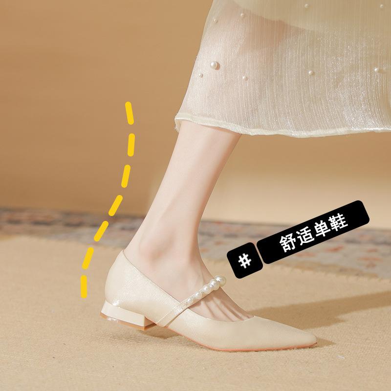 29803 [sheepskin] Pointed Flat Shoes Women's 2025 New Pearl One-word with Thick Heel Mary Jane Single Shoes