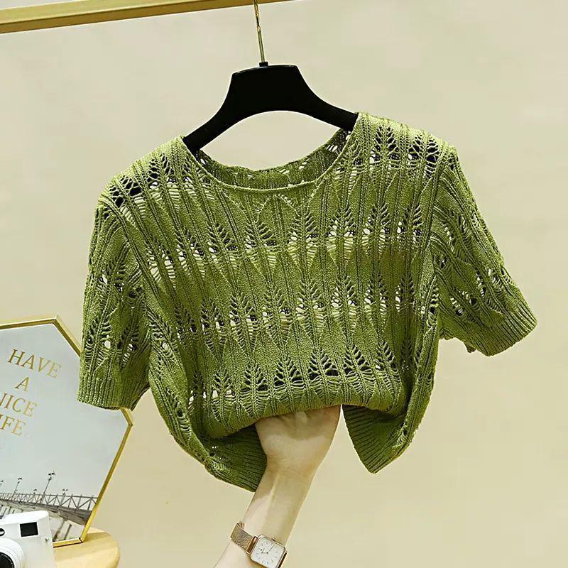 Chic Crochet Hollow Silk Knit Short-Sleeve Crop Cardigan for Women XL зелёный