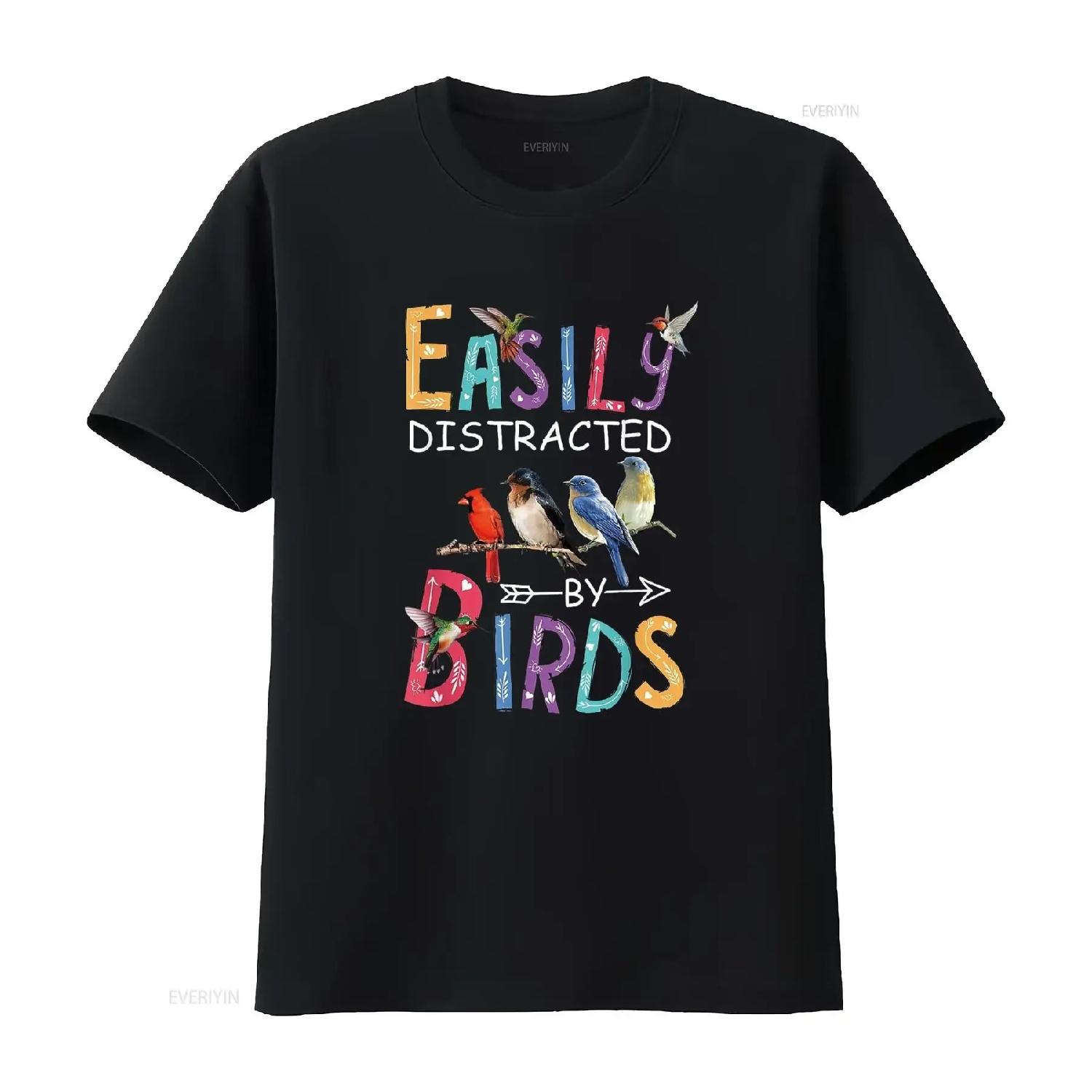 

Easily Distracted By Birds Funny Bird T Shirt vintage Washed Slightly Unisex homme Soft Casual designer clothes S чёрный