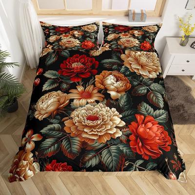 Pfingstrosen Bettbezug Groovy Blume Blumig Steppdeckenbezug Vintage Viktorianisch Botanisch Bettwäsche Set Garten Blütenblätter Ländlich Pflanze Bettwäsche Set