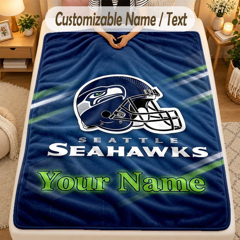 Flannel BlanketSeattle Seahawks Custom Name Text Personalized Soft Warm Throw Blanket Home Decor Gift