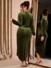 2025 Winter Velvet V-Neck Plus Size Slim Fit Slit Dress for Women