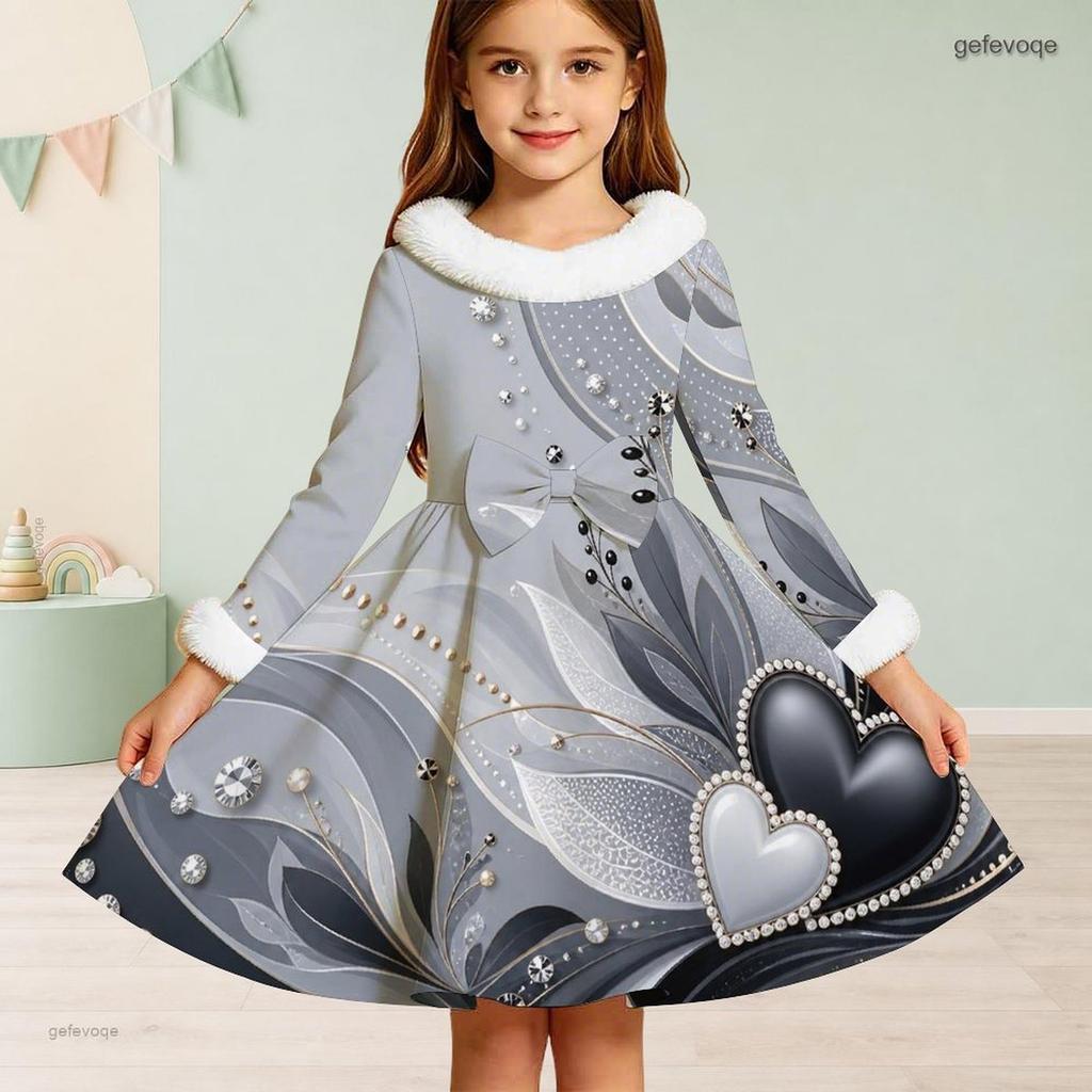 Girls High Neck Long Sleeve Black Silver Printed White Fur Trim A Line Flared Dress
