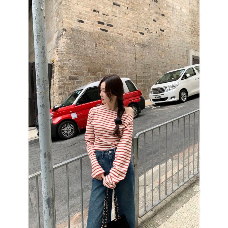 Women's South Korean Chic Stripe Fit Off-the-Shoulder Long Sleeves Shirt Slim Slimming Inner Wear Bottoming Shirt Retro Lady