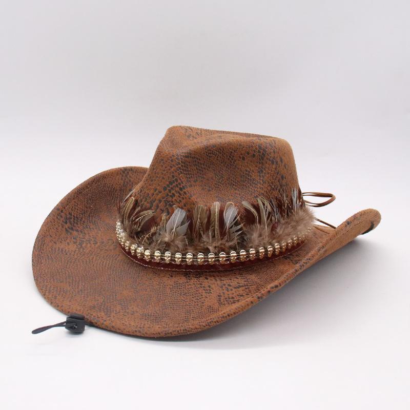 

Solid Color Simple Versatile Feather Chain Decorative Jazz Hat Temperament Comfortable Cowboy Hat one size (d peach cow) includes windproof rope