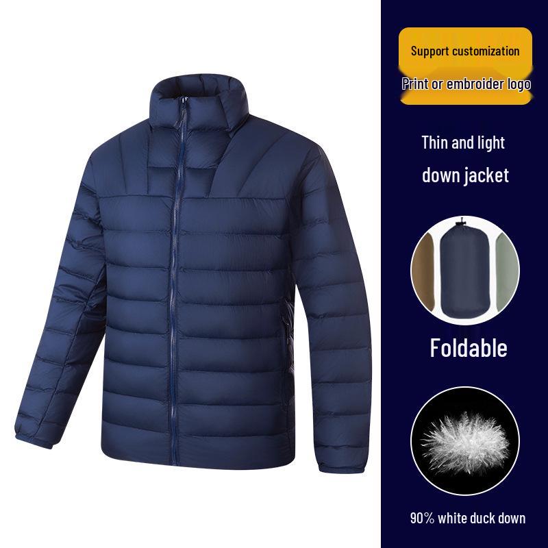 Hochwertige Unisex-Leichtgewicht-Daunenjacke mit Rippenstruktur, 90 % weiße Entendaunen und mit Text bedrucktem Futter