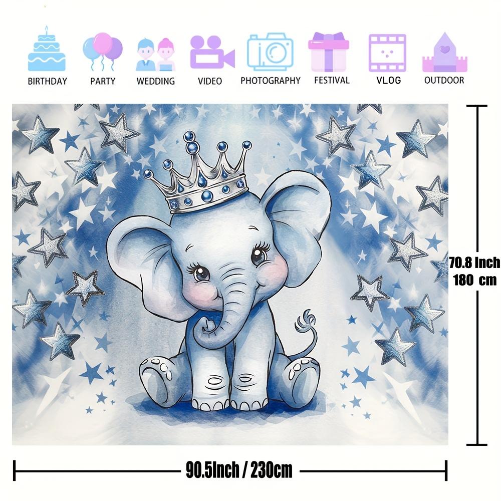 2D graphic design 1 piece. Party photography backdrop with blue silver glittered dot elephant background fabric.