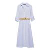 Fashion Style 2024 Spring New Women with Belt Stripes Shirt Style Mid Length Long Length Dress 8351025 044