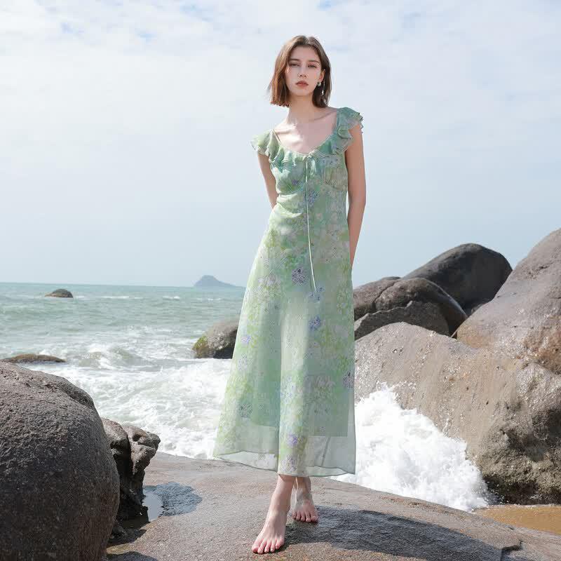 Sancai 2026 Summer Chiffon Ruffled Maxi Dress