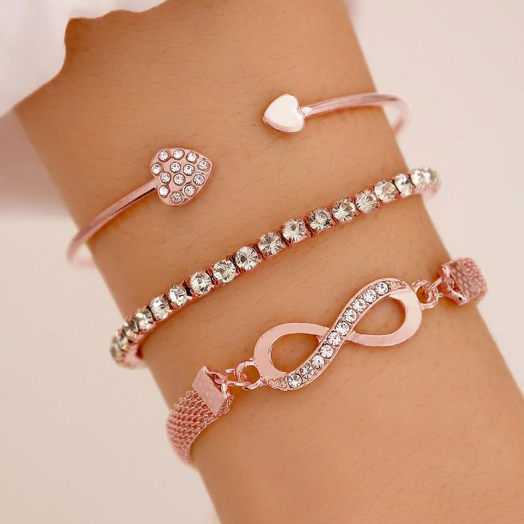 Rose Gold Heart & Infinity Bracelet Set, Crystal-Embellished 3-Piece Stackable Bracelets for Women