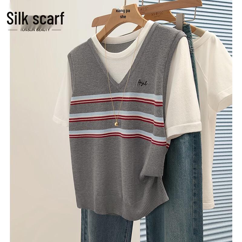 

Women s Faux Two-Piece Color Block Stripe Knit Tee One Size