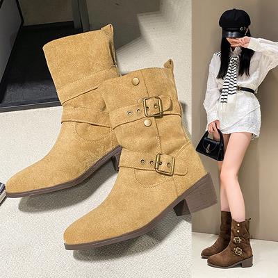 British Style Two Wear Folded Western Cowboy Boots High Heel Medium Boots Autumn and Winter Thick Heel Martin Boots Women's Platform Short Boots