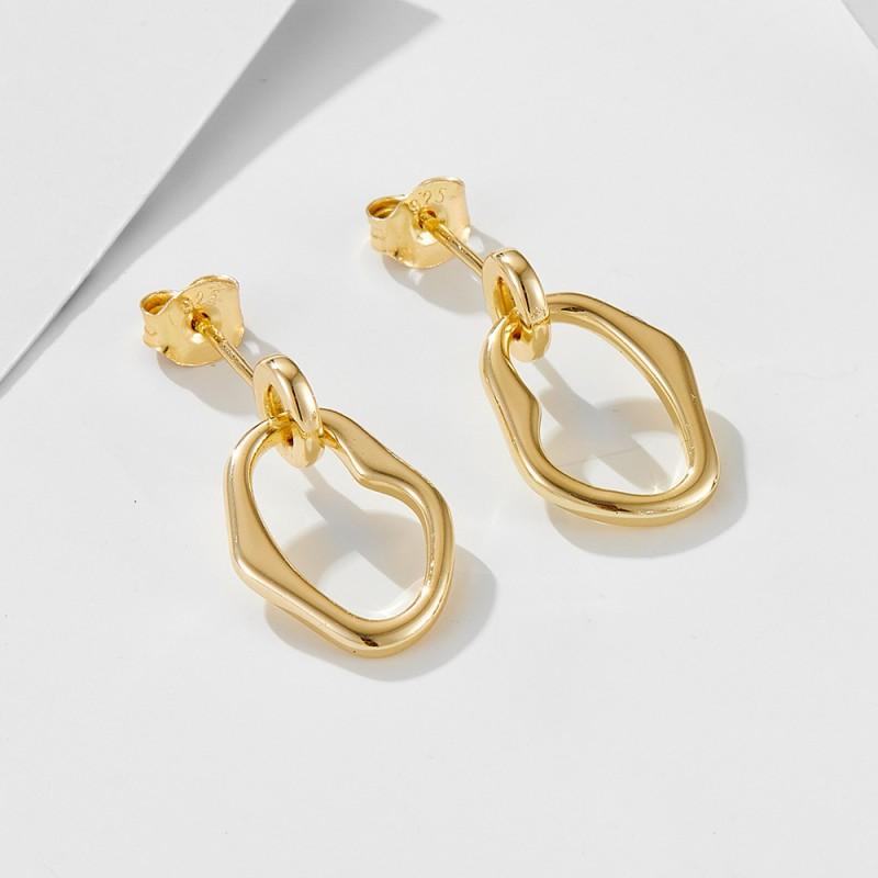 Minimalist Geometric Hoop Earrings Women Asymmetrical Circle Drop Studs In Sterling Yellow White Finish 925 Sterling Silver