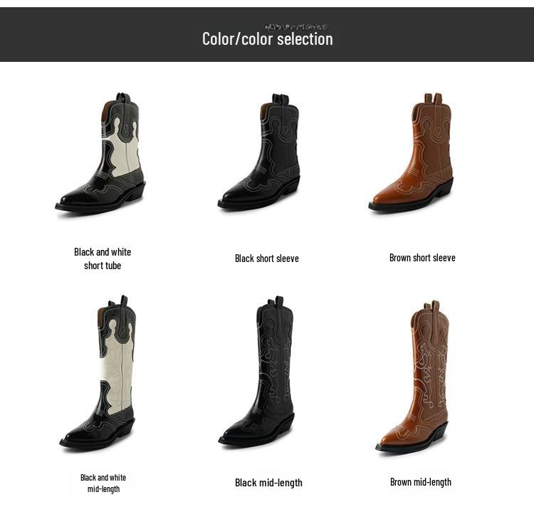 French Black & White V-Neck Embroidered Cowboy Boots, Mi Jie Style, Medium-High Tube, European & American Women's Short Boots