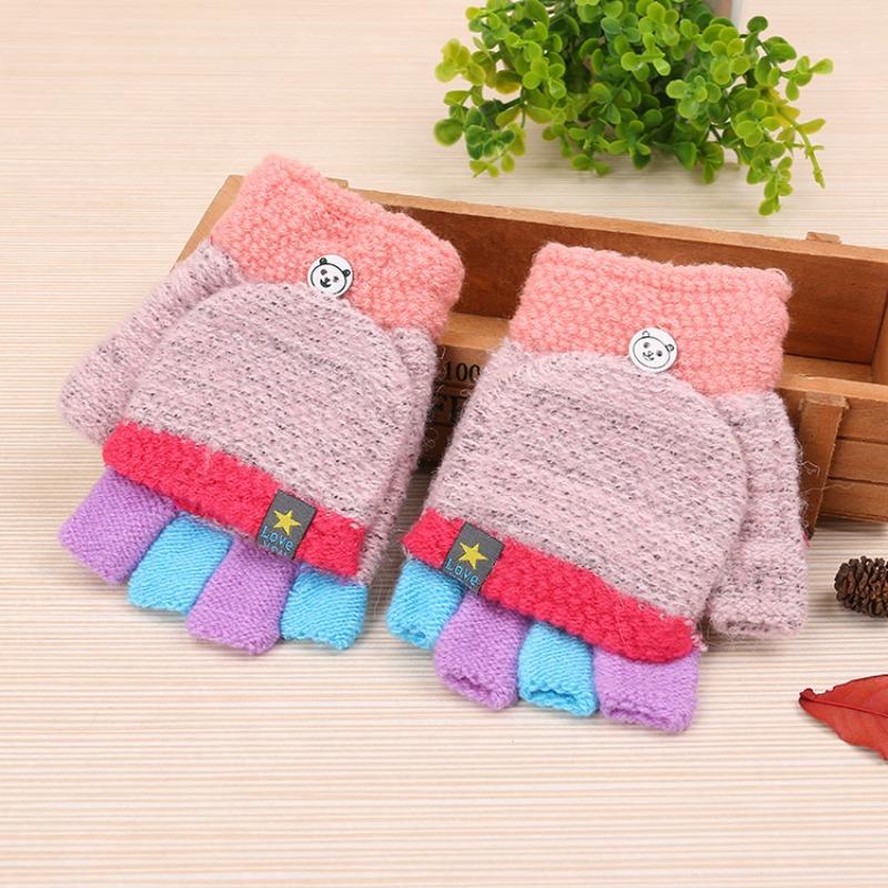 New Children's Thermal Writing Gloves Autumn and Winter Thickened Flip Color Matching Wool Finger Knitted Student Gloves Women