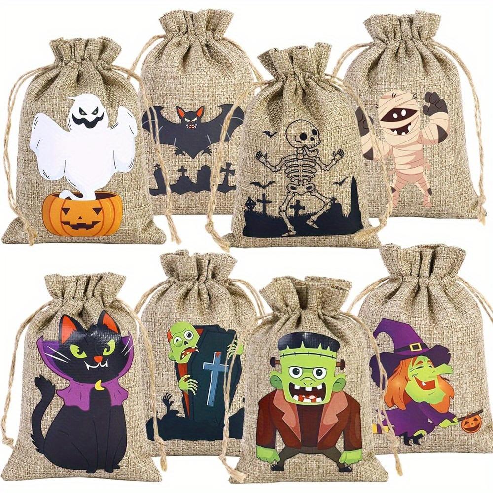 

16pcs Halloween Party Drawstring Bags Packs Halloween Linen Burlap Bags with Drawstring 8 Spooky Designs for DIY Party Favors Small Gift Pouches 16pcs