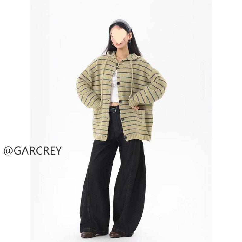 

Unisex Retro Striped Hooded Knit Sweater, Autumn Style, Scruffy Handsome Trend, Loose and Versatile Coat by Lazy Style Extra Large зелений