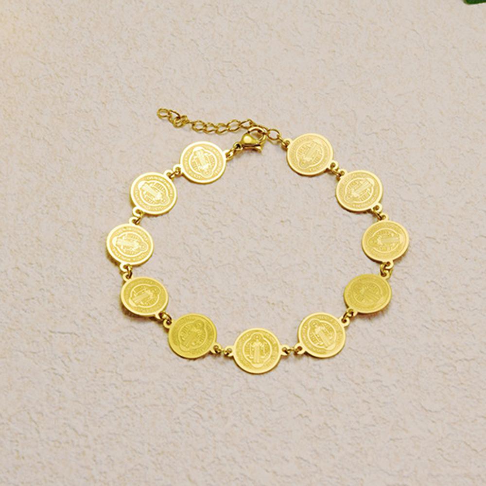 Double-sided Saint Benedict Exorcism Cross Charm Bracelet For Women Men Stainless Steel Adjustable Chain Bracelet Amulet Zircon