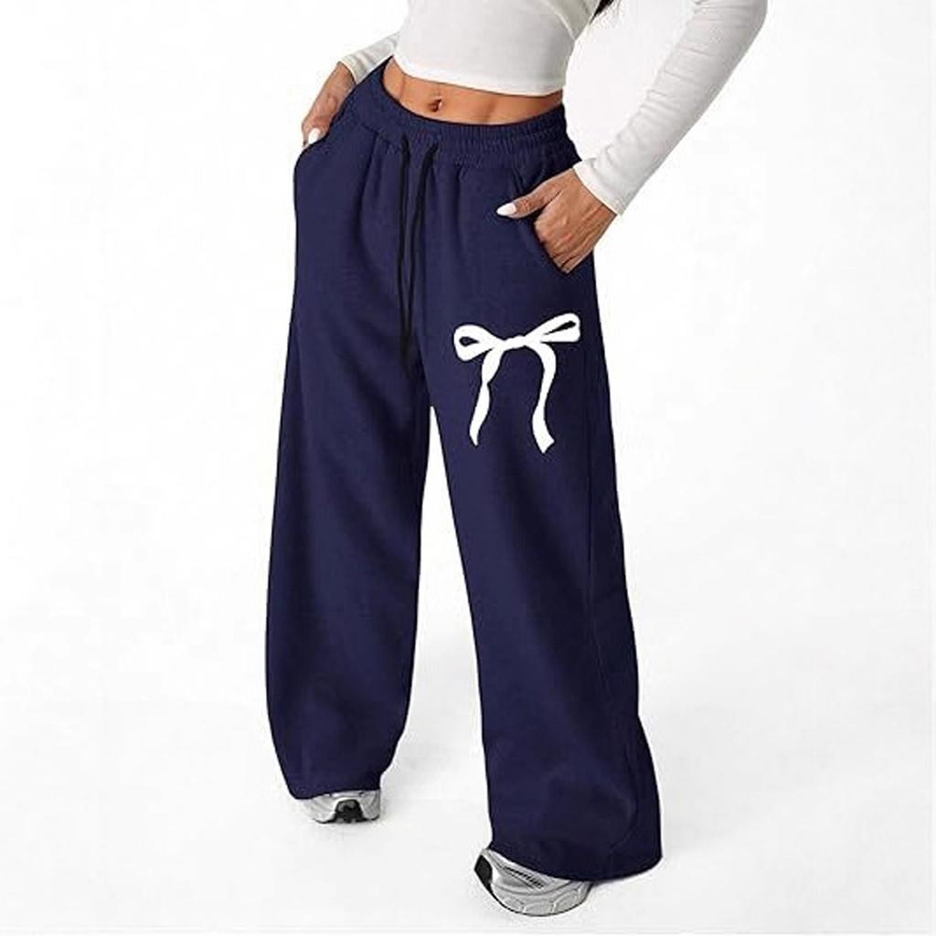 Women's Loose Elastic Waist Pocket Casual Pants Plaid Print Wide Leg Trousers