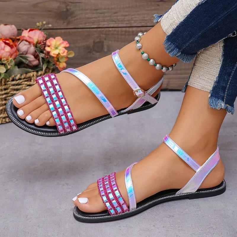 Fashion 2024 Hot Sale Ladies Shoes Ankle Strap Women's Sandals Summer Open Toe Mixed Colors Buckle Flat Casual Beach Large Size Sandals