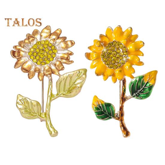 Women Brooch Sunflower Shape Enamel Oil Dripping Retro Rhinestone Polished Coat Collar Bag Scarf Hat Decoration Clothes Pin Party Banquet Clothing