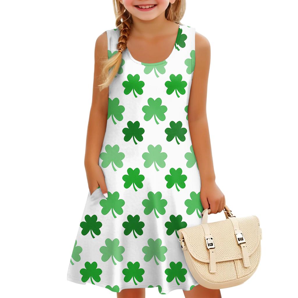 Ärmelloses U-Ausschnitt A-Linien-St für Kinder. Parmesan-Print Lässiges Urlaubskleid