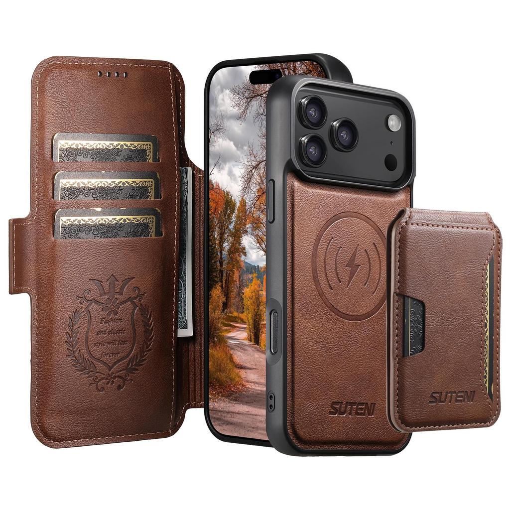 iPhone 17 Pro Max Leather Flip Case with Card Slot, Magnetic Closure, and 3-in-1 Wireless Charging Stand