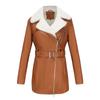 Womens Faux Leather Long Sleeve Jacket With Belted Waist Warm Lined Winter Coat