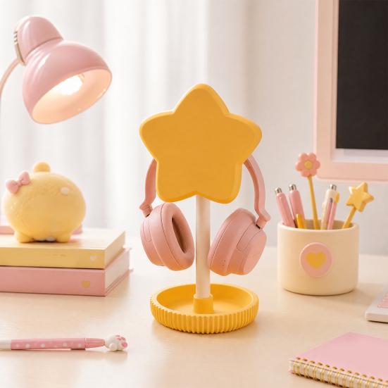 Cute Star Headphone Stand with Storage Tray, 3D Printed PLA Headset Hanger & Desk Organizer, Macaron Color Gaming Office Decor, Multi-Functional