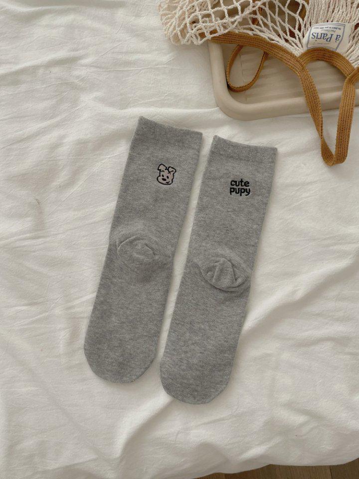 Korean INS-Style Mid-Calf Slouch Socks with Embroidered Cartoon Puppy & AB Letters